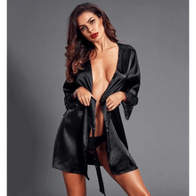 Load image into Gallery viewer, Stylish Black Satin Silk Short Bathrobes For Women Classic Lace On Sleeves Sleepwear Vintage Women's Sleewear