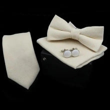 Load image into Gallery viewer, Stylish Solid Color Polyester Tie Bowtie Handkerchief Cufflinks Set For Men Butterfly Wedding Party Necktie Men's Fashion Bowtie