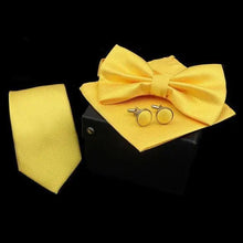 Load image into Gallery viewer, Stylish Solid Color Polyester Tie Bowtie Handkerchief Cufflinks Set For Men Butterfly Wedding Party Necktie Men's Fashion Bowtie