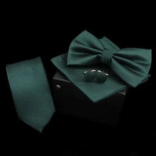 Load image into Gallery viewer, Stylish Solid Color Polyester Tie Bowtie Handkerchief Cufflinks Set For Men Butterfly Wedding Party Necktie Men's Fashion Bowtie