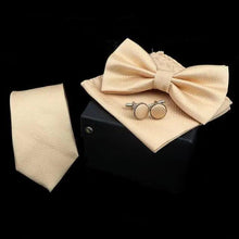 Load image into Gallery viewer, Stylish Solid Color Polyester Tie Bowtie Handkerchief Cufflinks Set For Men Butterfly Wedding Party Necktie Men's Fashion Bowtie