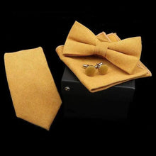 Load image into Gallery viewer, Stylish Solid Color Polyester Tie Bowtie Handkerchief Cufflinks Set For Men Butterfly Wedding Party Necktie Men's Fashion Bowtie