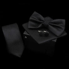 Load image into Gallery viewer, Stylish Solid Color Polyester Tie Bowtie Handkerchief Cufflinks Set For Men Butterfly Wedding Party Necktie Men's Fashion Bowtie