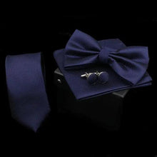 Load image into Gallery viewer, Stylish Solid Color Polyester Tie Bowtie Handkerchief Cufflinks Set For Men Butterfly Wedding Party Necktie Men's Fashion Bowtie