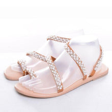 Load image into Gallery viewer, Summer Flat Sandals Sweet Pearl Decoration Sandals Leather Flats Women Beach Holiday Shoes Rhinestones Flat Strap Sandals Comfort Open Toe Flat Luxury Women Sandals