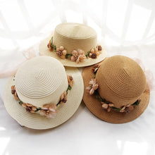 Load image into Gallery viewer, Summer New Sun Hat Stylish Bowknot Straw Hat For Women Beach Caps Parent-child Summer New Women's Sun Hat Bucket Cap Beige Flowers Ribbon Party Straw Hat For Women