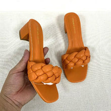 Load image into Gallery viewer, Summer Solid Weave Women Square Heel Sandal Fashion Thick High Heels Outdoor Party Slides Sandals Womens Open Toe Flat Slip-on Leather Weave Casual Walking Slippers Flip Flop