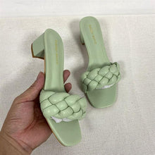 Load image into Gallery viewer, Summer Solid Weave Women Square Heel Sandal Fashion Thick High Heels Outdoor Party Slides Sandals Womens Open Toe Flat Slip-on Leather Weave Casual Walking Slippers Flip Flop