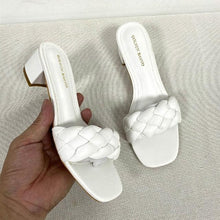 Load image into Gallery viewer, Summer Solid Weave Women Square Heel Sandal Fashion Thick High Heels Outdoor Party Slides Sandals Womens Open Toe Flat Slip-on Leather Weave Casual Walking Slippers Flip Flop