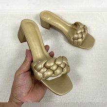 Load image into Gallery viewer, Summer Solid Weave Women Square Heel Sandal Fashion Thick High Heels Outdoor Party Slides Sandals Womens Open Toe Flat Slip-on Leather Weave Casual Walking Slippers Flip Flop