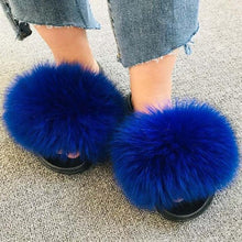Load image into Gallery viewer, Summer Women Fox Fur Slippers Indoor Slides Fashion Flip Flops Casual Sandals Furry Fluffy Plush Slides Lightweight House Slippers Fluffy Sandals Outdoor Indoor Women Shoes