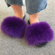Load image into Gallery viewer, Summer Women Fox Fur Slippers Indoor Slides Fashion Flip Flops Casual Sandals Furry Fluffy Plush Slides Lightweight House Slippers Fluffy Sandals Outdoor Indoor Women Shoes
