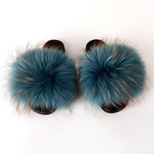 Load image into Gallery viewer, Summer Women Raccoon Fur Slippers Plush Slides Furry Sandals Fluffy House Shoes Girl's Cute Flip Flops Sandal With Soft Furry Faux Fox Fur House Outdoor Multicolor Slippers
