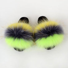 Load image into Gallery viewer, Summer Women Raccoon Fur Slippers Plush Slides Furry Sandals Fluffy House Shoes Girl's Cute Flip Flops Sandal With Soft Furry Faux Fox Fur House Outdoor Multicolor Slippers