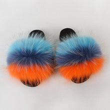 Load image into Gallery viewer, Summer Women Raccoon Fur Slippers Plush Slides Furry Sandals Fluffy House Shoes Girl's Cute Flip Flops Sandal With Soft Furry Faux Fox Fur House Outdoor Multicolor Slippers