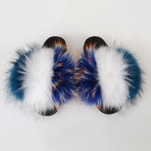 Load image into Gallery viewer, Summer Women Raccoon Fur Slippers Plush Slides Furry Sandals Fluffy House Shoes Girl's Cute Flip Flops Sandal With Soft Furry Faux Fox Fur House Outdoor Multicolor Slippers