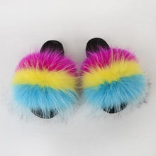 Load image into Gallery viewer, Summer Women Raccoon Fur Slippers Plush Slides Furry Sandals Fluffy House Shoes Girl's Cute Flip Flops Sandal With Soft Furry Faux Fox Fur House Outdoor Multicolor Slippers