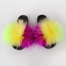 Load image into Gallery viewer, Summer Women Raccoon Fur Slippers Plush Slides Furry Sandals Fluffy House Shoes Girl's Cute Flip Flops Sandal With Soft Furry Faux Fox Fur House Outdoor Multicolor Slippers