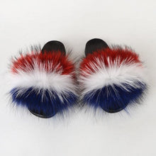 Load image into Gallery viewer, Summer Women Raccoon Fur Slippers Plush Slides Furry Sandals Fluffy House Shoes Girl's Cute Flip Flops Sandal With Soft Furry Faux Fox Fur House Outdoor Multicolor Slippers