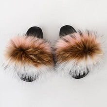 Load image into Gallery viewer, Summer Women Raccoon Fur Slippers Plush Slides Furry Sandals Fluffy House Shoes Girl's Cute Flip Flops Sandal With Soft Furry Faux Fox Fur House Outdoor Multicolor Slippers