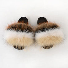 Load image into Gallery viewer, Summer Women Raccoon Fur Slippers Plush Slides Furry Sandals Fluffy House Shoes Girl's Cute Flip Flops Sandal With Soft Furry Faux Fox Fur House Outdoor Multicolor Slippers