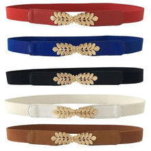 Load image into Gallery viewer, Thin Elastic Stretch Women Buckle Skinny Fashion Belts Metal Leaf Buckle Design Belts For Ladies