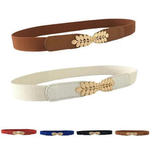 Load image into Gallery viewer, Thin Elastic Stretch Women Buckle Skinny Fashion Belts Metal Leaf Buckle Design Belts For Ladies