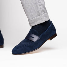 Load image into Gallery viewer, 16-672-NVY Tippa Suede & Calfskin Penny Loafers Navy