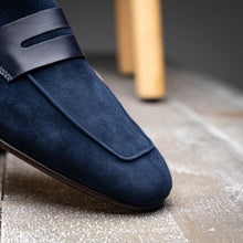 Load image into Gallery viewer, 16-672-NVY Tippa Suede & Calfskin Penny Loafers Navy