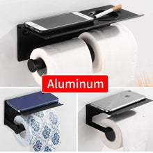 Load image into Gallery viewer, Toilet Paper Holder Phone Bathroom Roll Holder Aluminum Paper Holder with Shelf Black Double Paper Towel Holder Wall Mount Tissue Roll Hanger With Storage Shelf Space Aluminum Self Adhesive With Glue Wall Mount With Screws