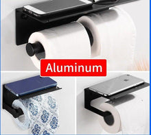 Load image into Gallery viewer, Toilet Paper Holder Phone Bathroom Roll Holder Aluminum Paper Holder with Shelf Black Double Paper Towel Holder Wall Mount Tissue Roll Hanger With Storage Shelf Space Aluminum Self Adhesive With Glue Wall Mount With Screws