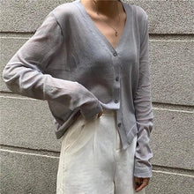 Load image into Gallery viewer, Cardigan For Women Long Sleeve Cardigan Summer Cropped Cardigan Knitted V neck Thin Ice Silk Sweaters Sunscreen Shirt Tops