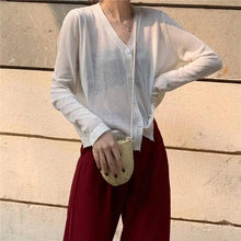 Load image into Gallery viewer, Cardigan For Women Long Sleeve Cardigan Summer Cropped Cardigan Knitted V neck Thin Ice Silk Sweaters Sunscreen Shirt Tops