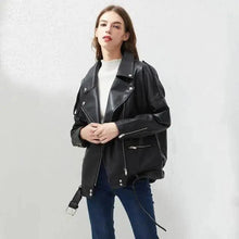 Load image into Gallery viewer, PU Faux Leather Jacket Women Loose Sashes Casual Biker Jackets Outwear Female Tops BF Style Black Leather Jacket Coat