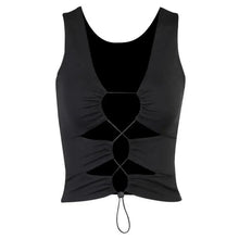 Load image into Gallery viewer, Trendy fashion styles cute summer Hollow Out Lace Up Patchwork Tank Crop Top flattering tops Summer Clothes