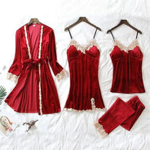 Load image into Gallery viewer, Trendy New Four Pieces Warm Winter Pajamas Sets Women Stylish Lace Robe Pajama Sleepwear Suit Sleeveless Nightwear Women's Sleepwear Set 4-Piece Women's Pajamas Elegant Comfortable Loungewear Satin Sleepwear with Robe Nightgown Pants