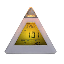 Load image into Gallery viewer, Triangle Pyramid Calendar Thermometer Colorful Backlight Change Clock Digital Alarm Clock Digital Alarm Thermometer Night Glowing Cube Clock LED Change LCD for Bedroom