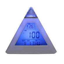 Load image into Gallery viewer, Triangle Pyramid Calendar Thermometer Colorful Backlight Change Clock Digital Alarm Clock Digital Alarm Thermometer Night Glowing Cube Clock LED Change LCD for Bedroom
