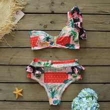 Load image into Gallery viewer, Two-Pieces Women Floral Push-Up Padded Bra Ruffles Bikini Set Swimsuit Swimwear Bathing Suit Beachwear Floral Printed Swimsuit Knotted String Triangle Bikini Tie Side High Cut Cheeky Bikini Set