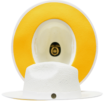 Load image into Gallery viewer, Bruno Capelo Kingdom Straw Fedora Flat Wide Brim Hat | KI-501 White with Gold undertone