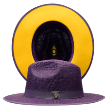 Load image into Gallery viewer, Bruno Capelo Kingdom Straw Fedora Flat Wide Brim Hat | KI21 Purple with Gold undertone