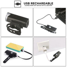 Load image into Gallery viewer, USB Rechargeable 3 Mode Bicycle Front Light Lamp Bike Headlight Cycling LED Powerful Bicycle Front Headlight Waterproof Bike Headlight End Tail Light Set 300 Lumen