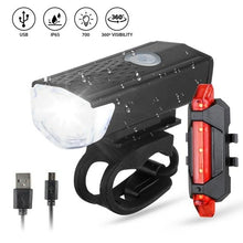 Load image into Gallery viewer, USB Rechargeable 3 Mode Bicycle Front Light Lamp Bike Headlight Cycling LED Powerful Bicycle Front Headlight Waterproof Bike Headlight End Tail Light Set 300 Lumen