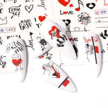 Load image into Gallery viewer, Valentines Heart Letter Flower Nail Stickers Sliders For Nails Water Decals Sticker Tips Manicure Decals for Nail Art Decoration Including Hearts Stars Letters Bowknot Leaves Flowers Plants Fruits Butterflies Nail Art Decoration