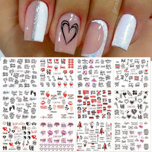 Load image into Gallery viewer, Valentines Heart Letter Flower Nail Stickers Sliders For Nails Water Decals Sticker Tips Manicure Decals for Nail Art Decoration Including Hearts Stars Letters Bowknot Leaves Flowers Plants Fruits Butterflies Nail Art Decoration