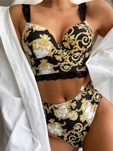 Load image into Gallery viewer, Vintage Black Print Women's Bikini Set Women's Halter Beautiful Print High Waist Swimsuit Bathing Suits Bikini Set Lace Strappy Padded Bra High Waist Bottoms Swimsuit Fashion Female Beachwear Luxury Swimwear