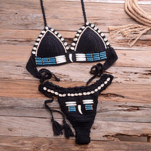 Load image into Gallery viewer, Vintage Blue Bikinis 2 Piece Halter Bikini Set Women High Waist Sequin Swimsuit Set Handmade Crochet High Quality Swimsuit Women Push Up Swimwear Knitted Beach Wear Bathing Suit