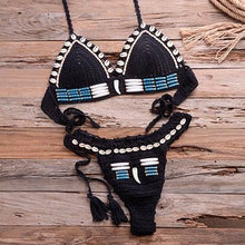 Load image into Gallery viewer, Vintage Blue Bikinis 2 Piece Halter Bikini Set Women High Waist Sequin Swimsuit Set Handmade Crochet High Quality Swimsuit Women Push Up Swimwear Knitted Beach Wear Bathing Suit