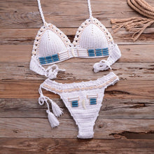 Load image into Gallery viewer, Vintage Blue Bikinis 2 Piece Halter Bikini Set Women High Waist Sequin Swimsuit Set Handmade Crochet High Quality Swimsuit Women Push Up Swimwear Knitted Beach Wear Bathing Suit