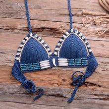 Load image into Gallery viewer, Vintage Blue Bikinis 2 Piece Halter Bikini Set Women High Waist Sequin Swimsuit Set Handmade Crochet High Quality Swimsuit Women Push Up Swimwear Knitted Beach Wear Bathing Suit